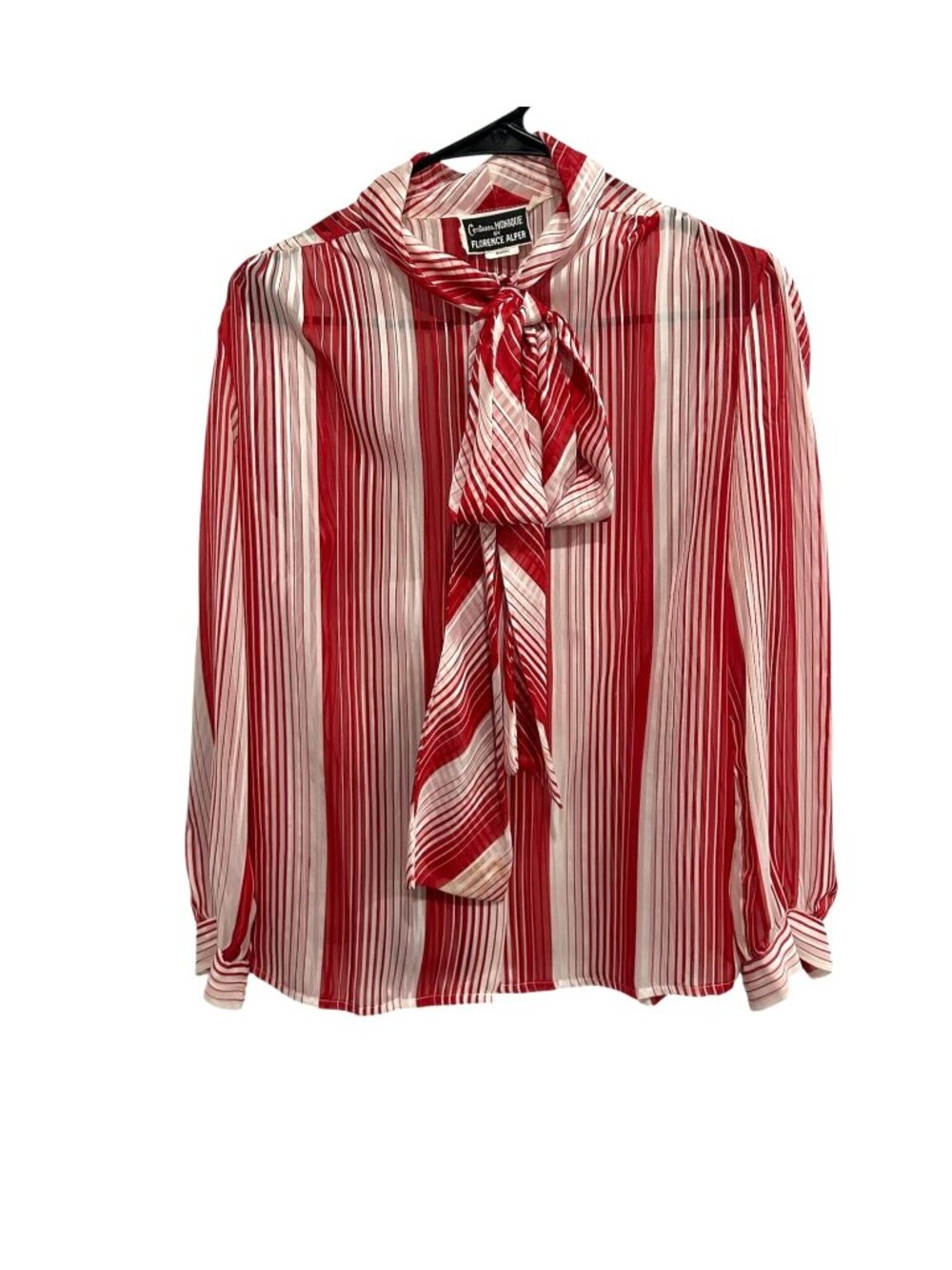 Contessa Monique 8 Red White Striped Sheer Blouse Neck Tie Retro Parisian